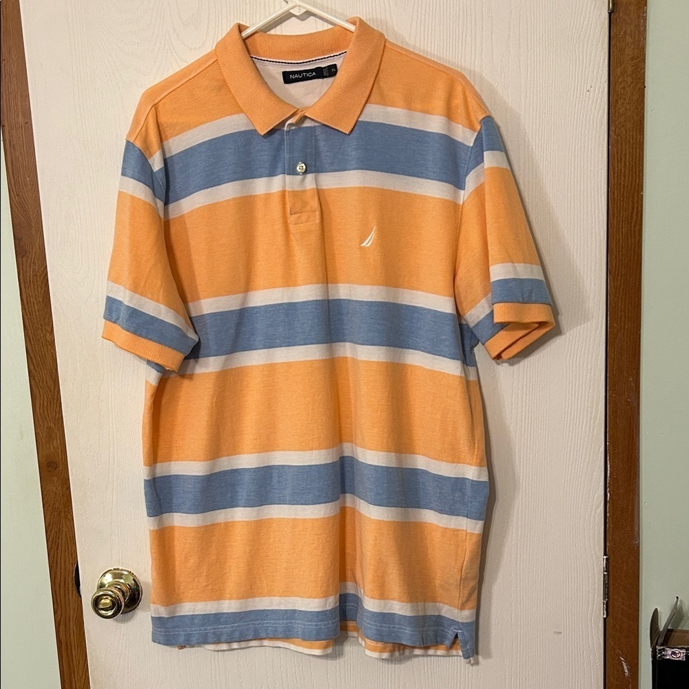 Nautica Men's Polo Shirt with Orange and Blue Stripes